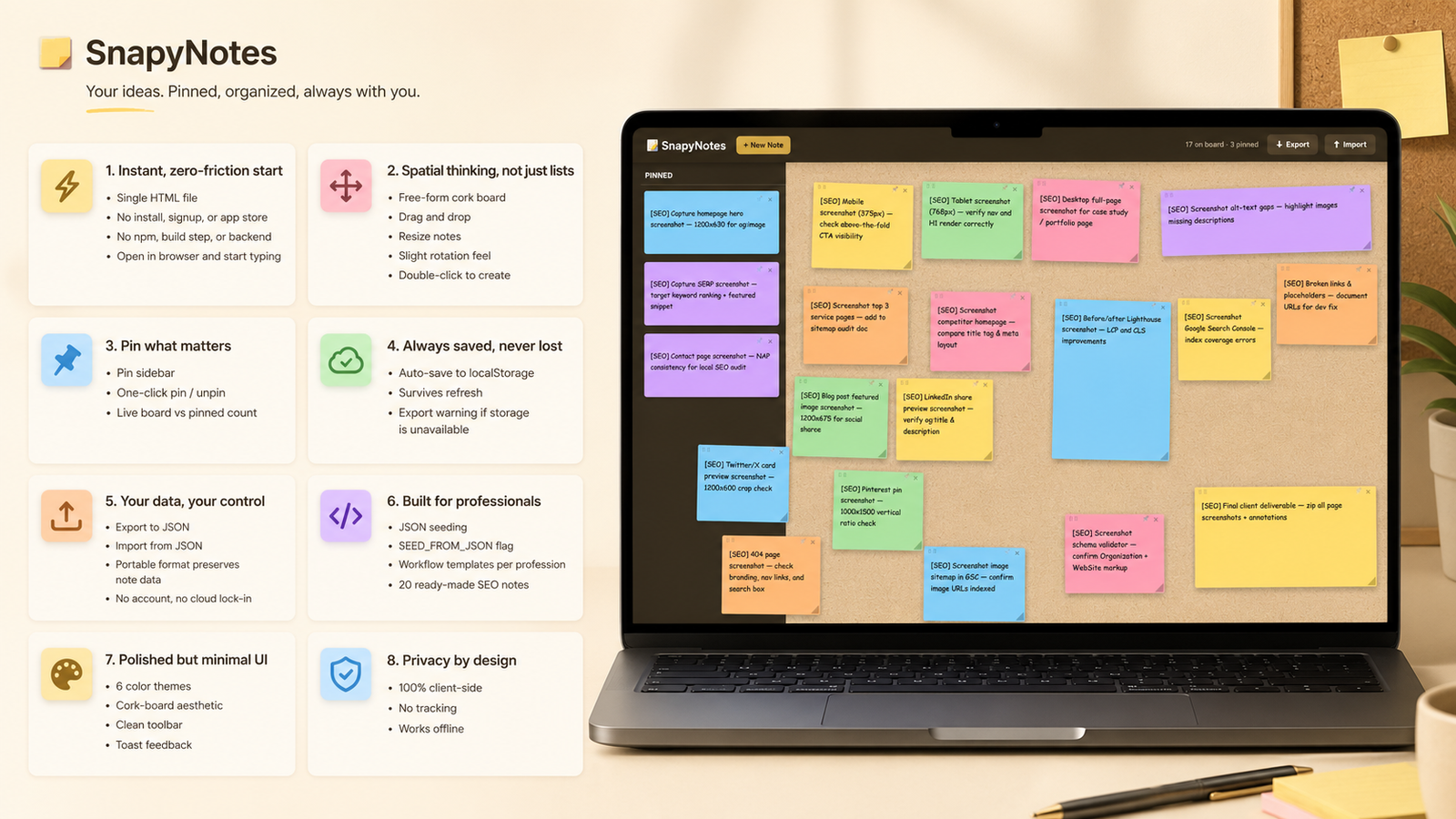 SnapyNotes features